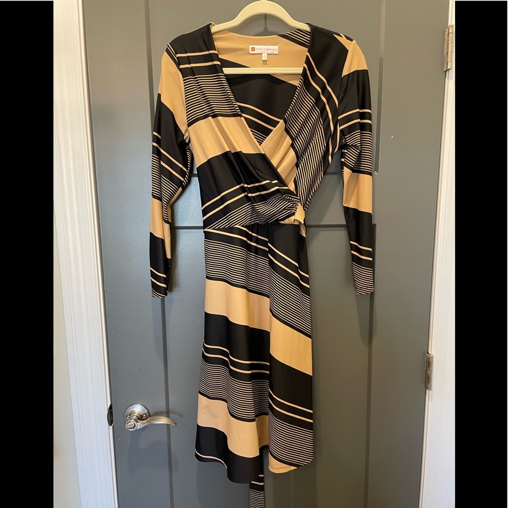 Jude Connally small black tan faux wrap dress
